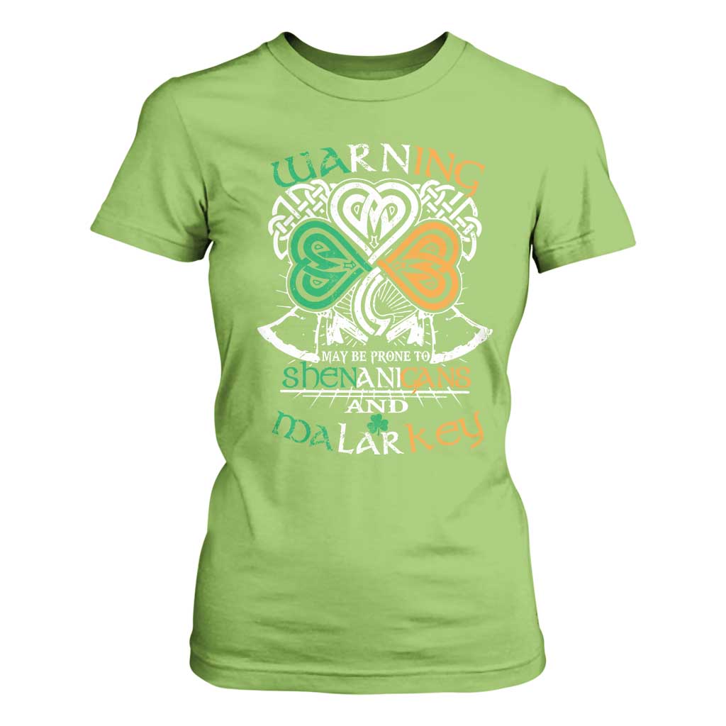 Funny Warning May Be Prone To Shenanigans And Malarkey T Shirt For Women St Patrick's Day Celtic Shamrock TS11 Lime Print Your Wear