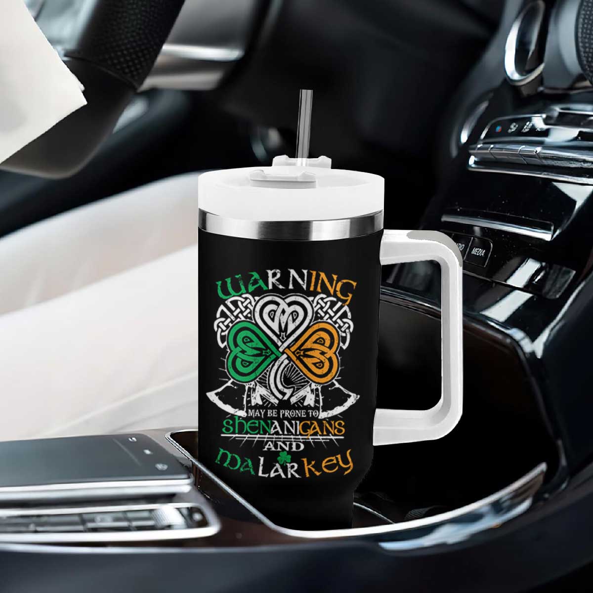 Funny Warning May Be Prone To Shenanigans And Malarkey Tumbler With Handle St Patrick's Day Celtic Shamrock TS11 Print Your Wear