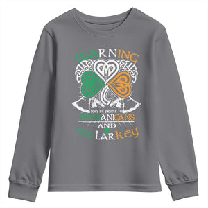 Funny Warning May Be Prone To Shenanigans And Malarkey Youth Sweatshirt St Patrick's Day Celtic Shamrock TS11 Charcoal Print Your Wear