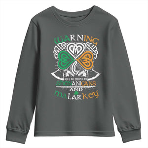 Funny Warning May Be Prone To Shenanigans And Malarkey Youth Sweatshirt St Patrick's Day Celtic Shamrock TS11 Dark Heather Print Your Wear