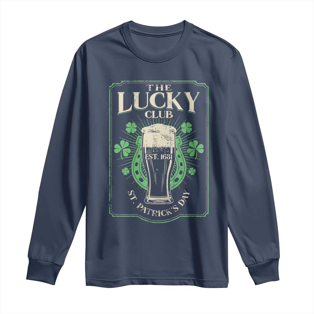 Funny St Patrick's Day Irish Beer Drinking Long Sleeve Shirt The Lucky Beer Club Horseshoe TS11 Navy Print Your Wear
