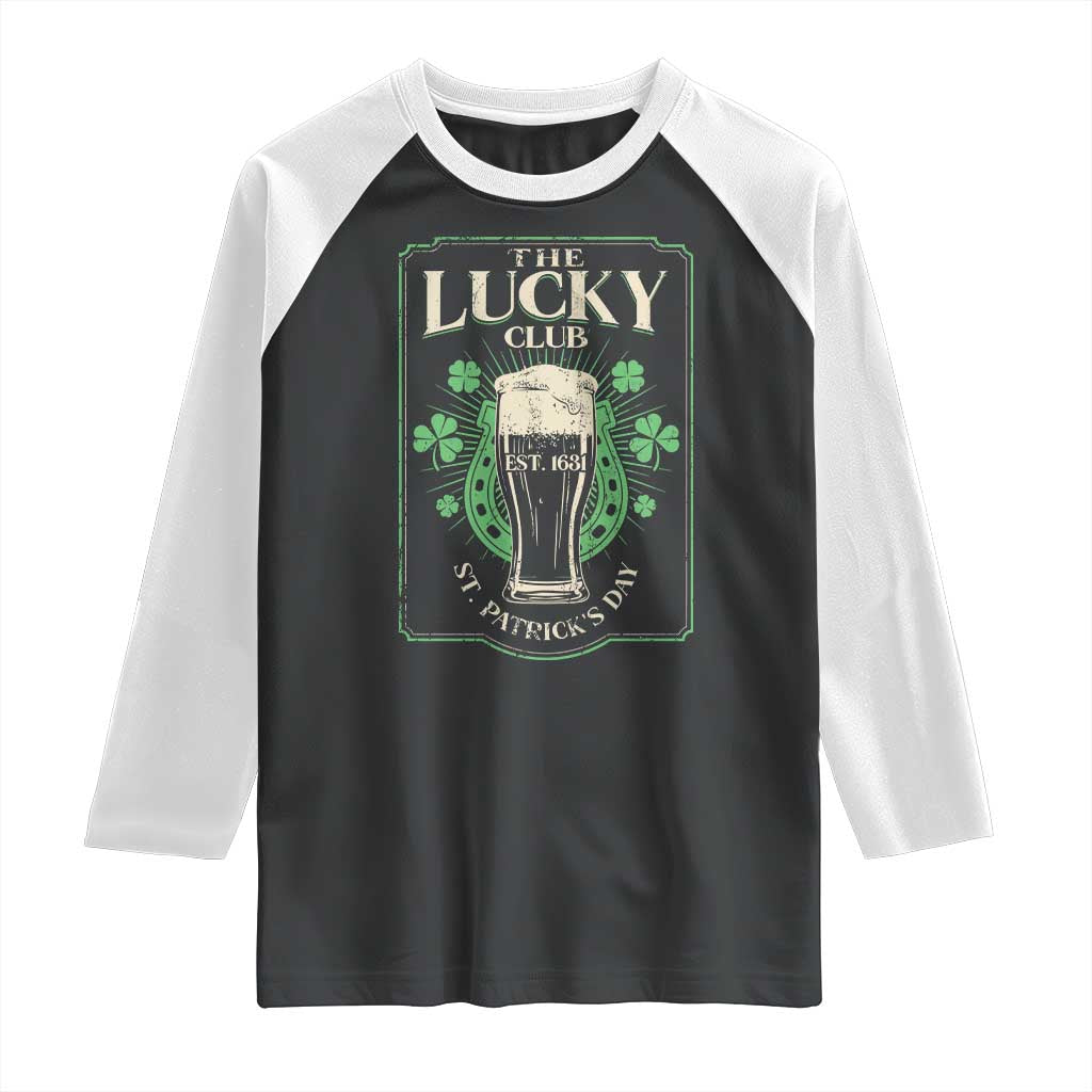Funny St Patrick's Day Irish Beer Drinking Raglan Shirt The Lucky Beer Club Horseshoe TS11 Black White Print Your Wear