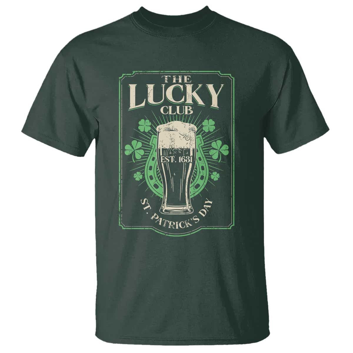 Funny St Patrick's Day Irish Beer Drinking T Shirt The Lucky Beer Club Horseshoe TS11 Dark Forest Green Print Your Wear