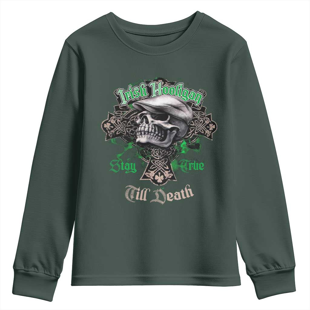 Funny Irish Pride Youth Sweatshirt Irish Hooligan Stay True Till Death Flat Cap Skull TS11 Dark Forest Green Print Your Wear