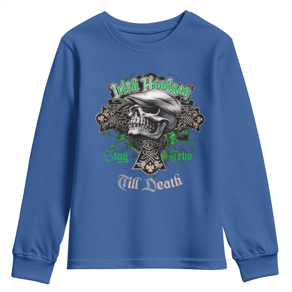 Funny Irish Pride Youth Sweatshirt Irish Hooligan Stay True Till Death Flat Cap Skull TS11 Royal Blue Print Your Wear