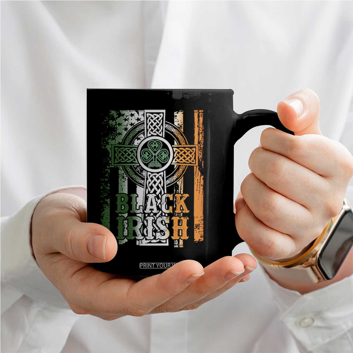 St Patrick's Day Black Irish Coffee Mug Vintage American Flag Celtic Cross TS11 Print Your Wear