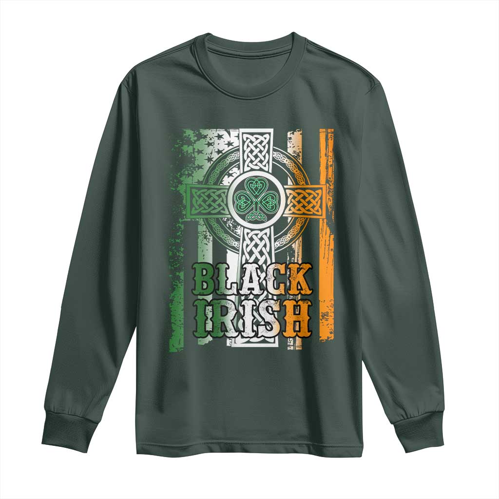 St Patrick's Day Black Irish Long Sleeve Shirt Vintage American Flag Celtic Cross TS11 Dark Forest Green Print Your Wear