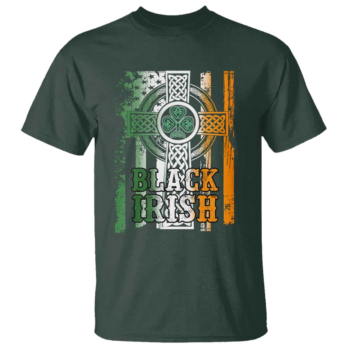 St Patrick's Day Black Irish T Shirt Vintage American Flag Celtic Cross TS11 Dark Forest Green Print Your Wear