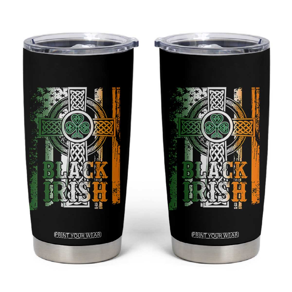 St Patrick's Day Black Irish Tumbler Cup Vintage American Flag Celtic Cross TS11 Black Print Your Wear