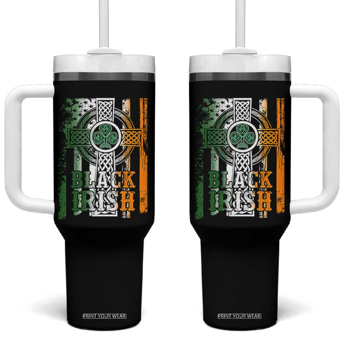 St Patrick's Day Black Irish Tumbler With Handle Vintage American Flag Celtic Cross TS11 One Size: 40 oz Black Print Your Wear