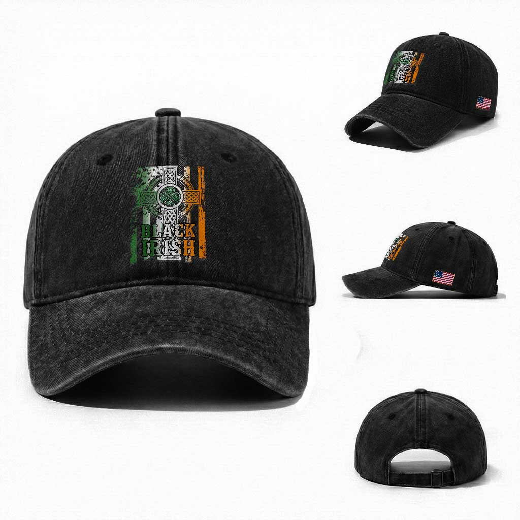 St Patrick's Day Black Irish Washed Cotton Baseball Cap Vintage American Flag Celtic Cross TS11 Washed Cap Universal Fit Black Print Your Wear