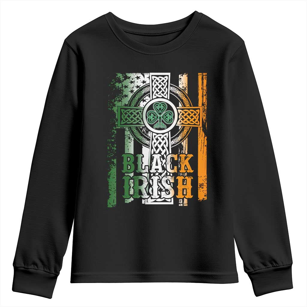 St Patrick's Day Black Irish Youth Sweatshirt Vintage American Flag Celtic Cross TS11 Black Print Your Wear