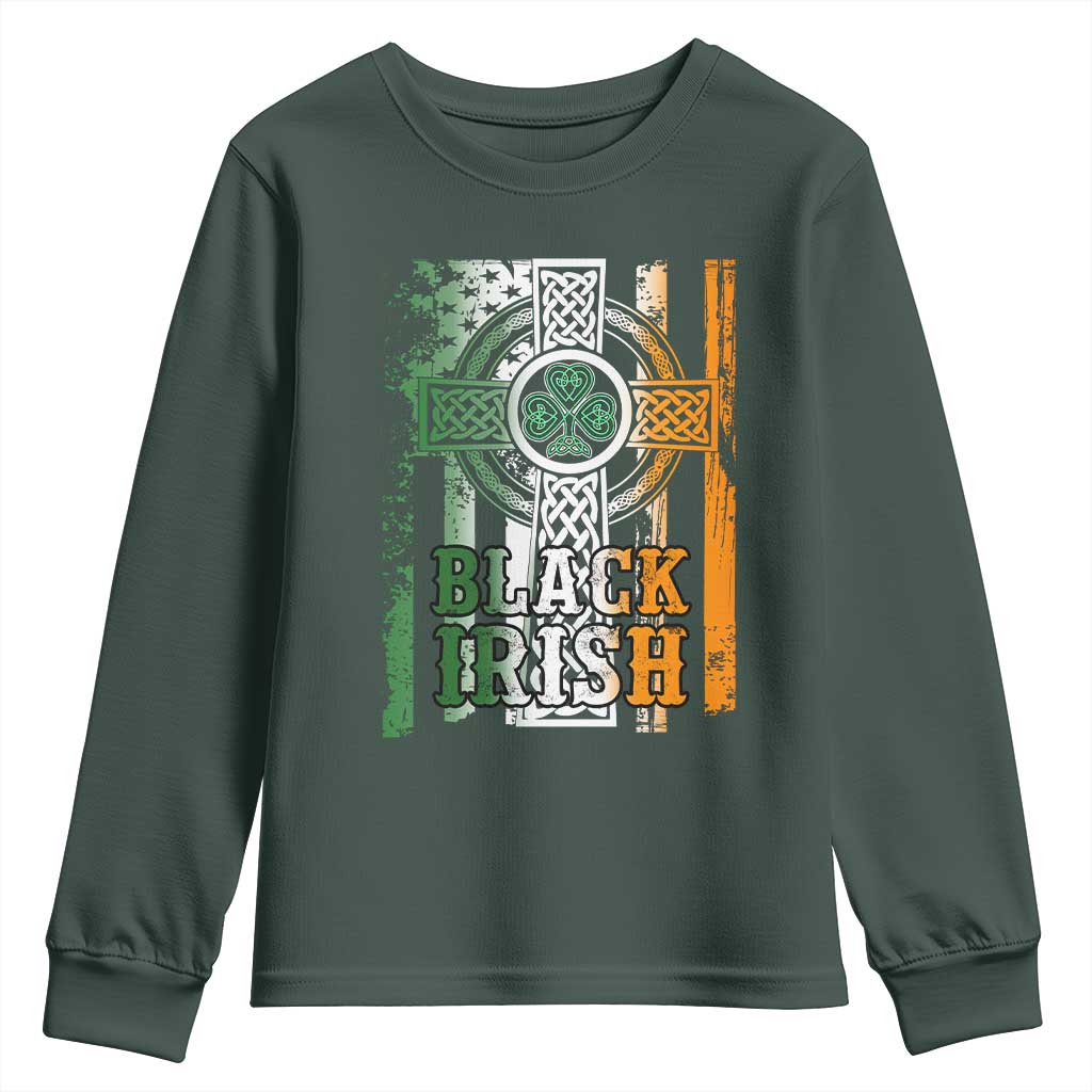 St Patrick's Day Black Irish Youth Sweatshirt Vintage American Flag Celtic Cross TS11 Dark Forest Green Print Your Wear