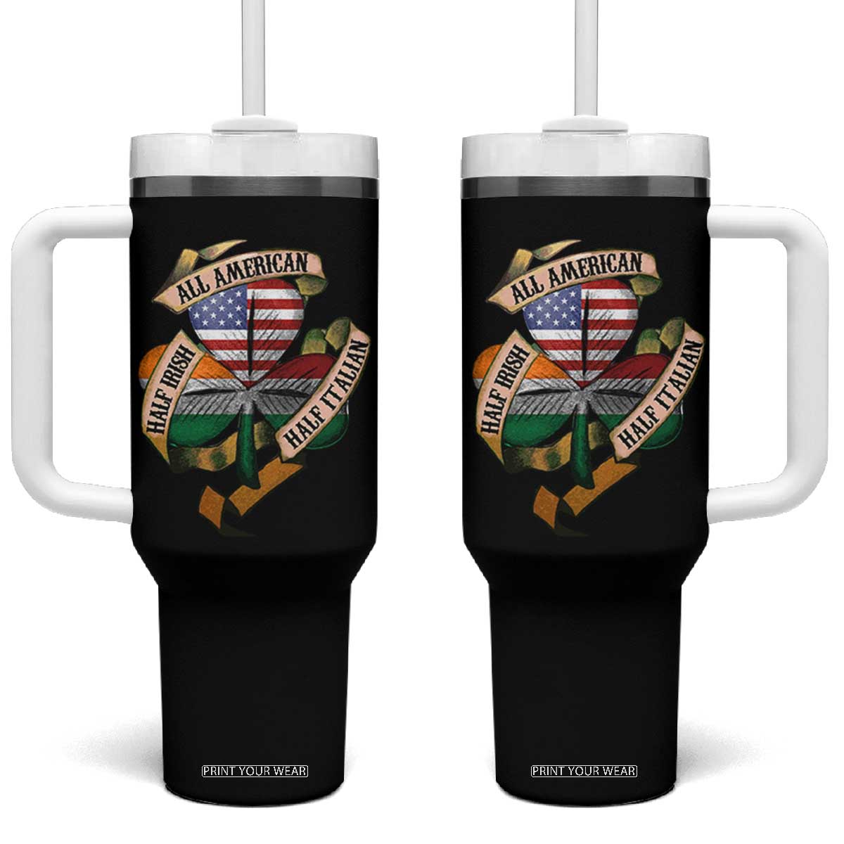 Half Irish Half Italian All American Tumbler With Handle Vintage Flag Shamrock Heritage TS11 One Size: 40 oz Black Print Your Wear