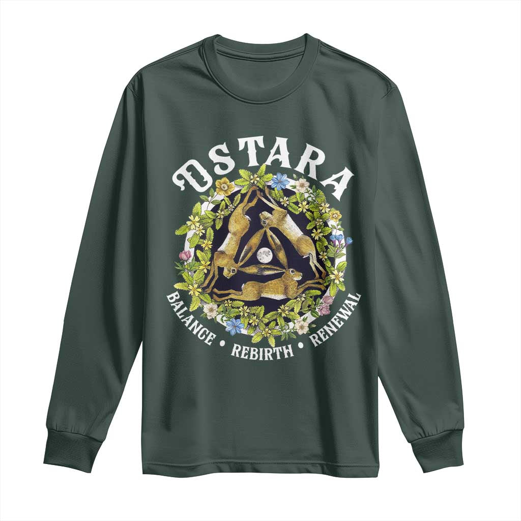 Ostara Balance Rebirth Renewal Long Sleeve Shirt Ostara Pagan Eostre Easter Day Three Hares TS11 Dark Forest Green Print Your Wear