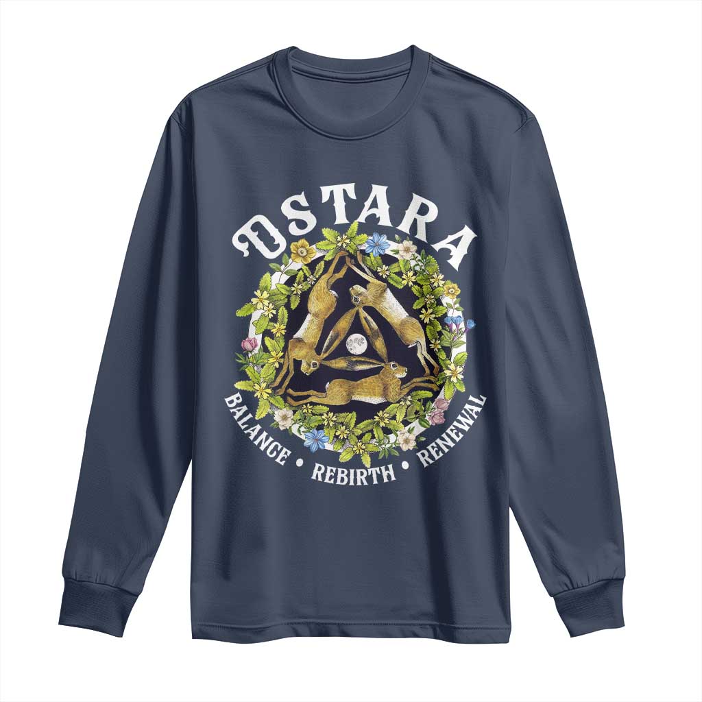 Ostara Balance Rebirth Renewal Long Sleeve Shirt Ostara Pagan Eostre Easter Day Three Hares TS11 Navy Print Your Wear