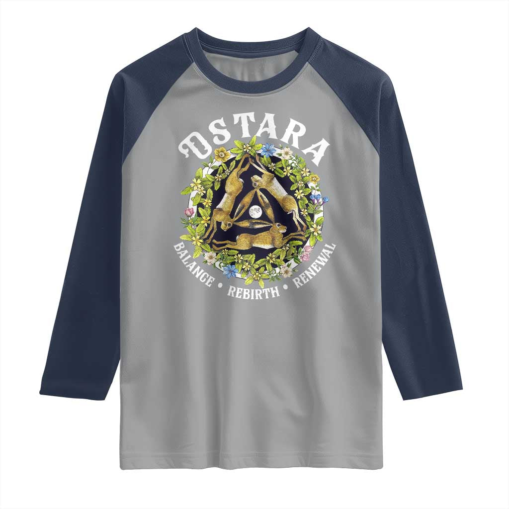 Ostara Balance Rebirth Renewal Raglan Shirt Ostara Pagan Eostre Easter Day Three Hares TS11 Sport Gray Navy Print Your Wear