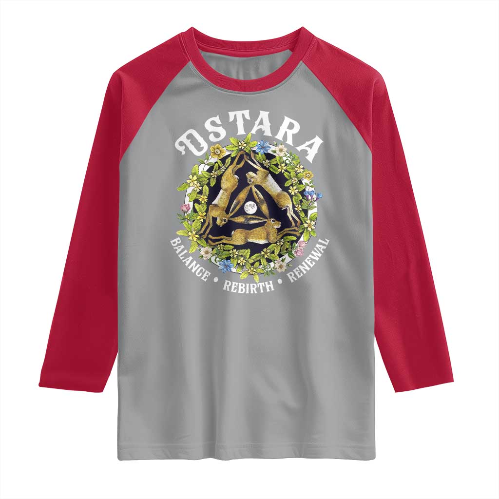 Ostara Balance Rebirth Renewal Raglan Shirt Ostara Pagan Eostre Easter Day Three Hares TS11 Sport Gray Red Print Your Wear