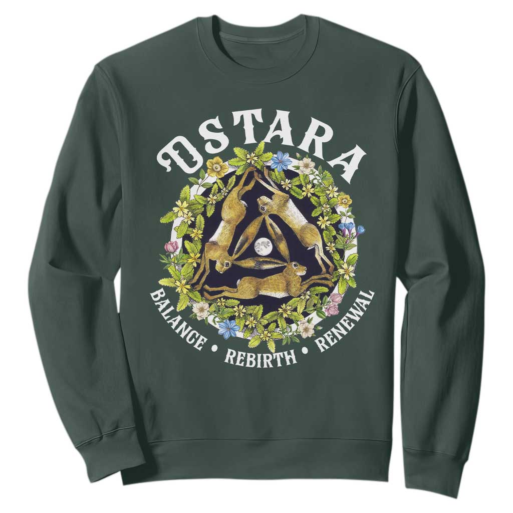 Ostara Balance Rebirth Renewal Sweatshirt Ostara Pagan Eostre Easter Day Three Hares TS11 Dark Forest Green Print Your Wear