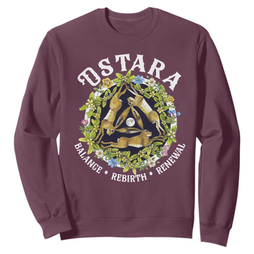 Ostara Balance Rebirth Renewal Sweatshirt Ostara Pagan Eostre Easter Day Three Hares TS11 Maroon Print Your Wear