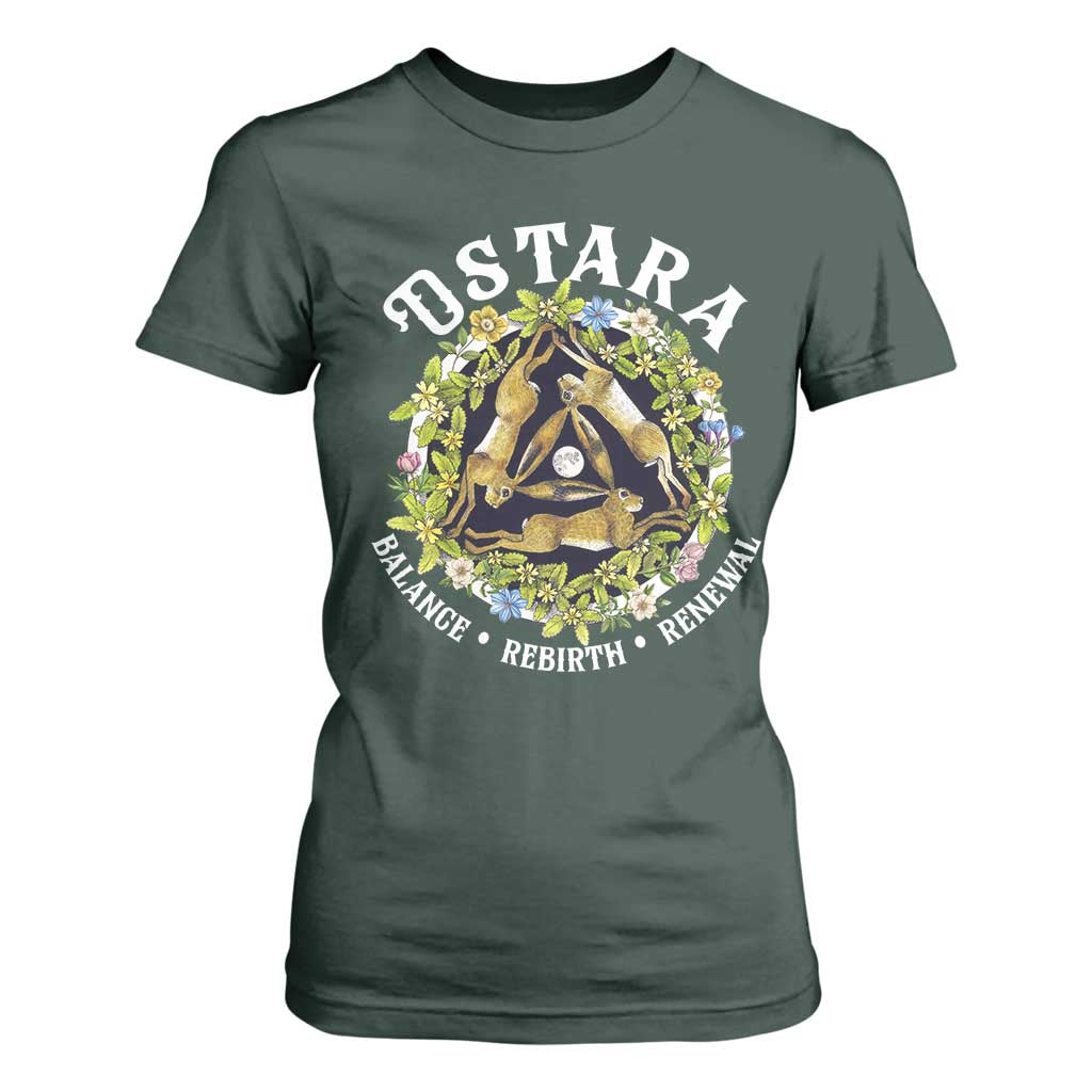 Ostara Balance Rebirth Renewal T Shirt For Women Ostara Pagan Eostre Easter Day Three Hares TS11 Dark Forest Green Print Your Wear