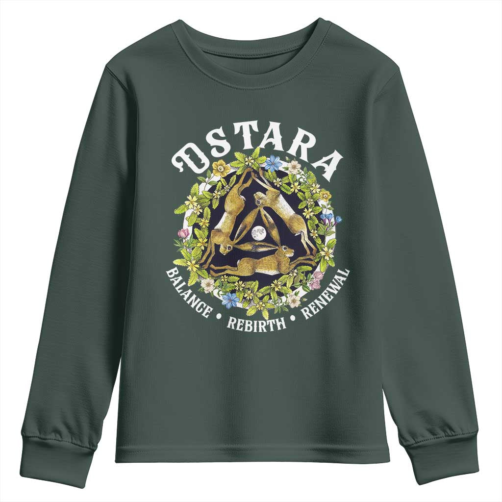 Ostara Balance Rebirth Renewal Youth Sweatshirt Ostara Pagan Eostre Easter Day Three Hares TS11 Dark Forest Green Print Your Wear