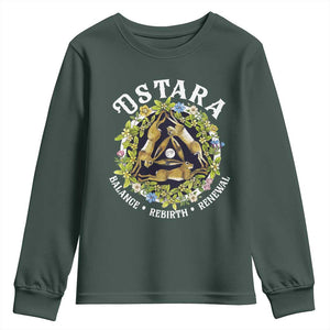 Ostara Balance Rebirth Renewal Youth Sweatshirt Ostara Pagan Eostre Easter Day Three Hares TS11 Dark Forest Green Print Your Wear