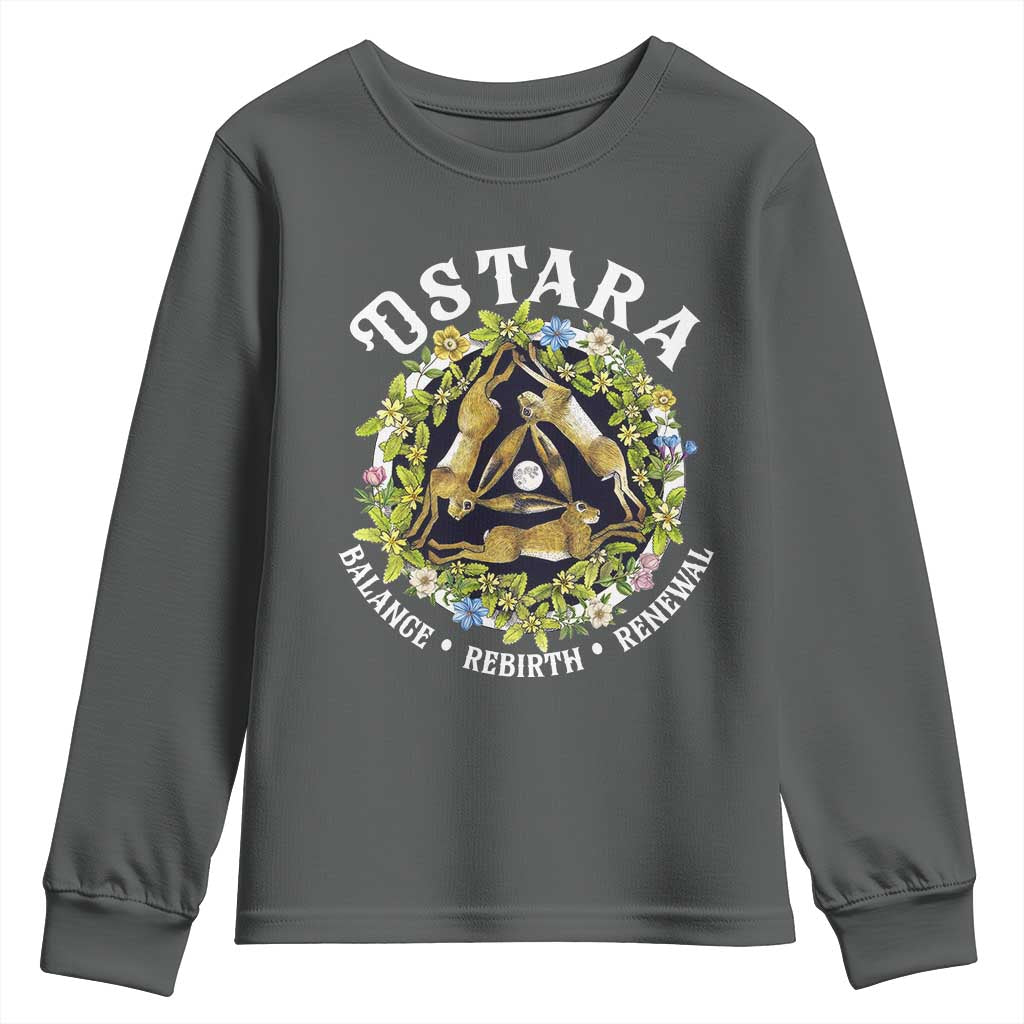 Ostara Balance Rebirth Renewal Youth Sweatshirt Ostara Pagan Eostre Easter Day Three Hares TS11 Dark Heather Print Your Wear