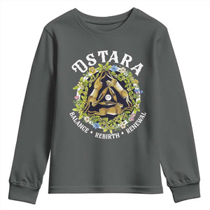 Ostara Balance Rebirth Renewal Youth Sweatshirt Ostara Pagan Eostre Easter Day Three Hares TS11 Dark Heather Print Your Wear