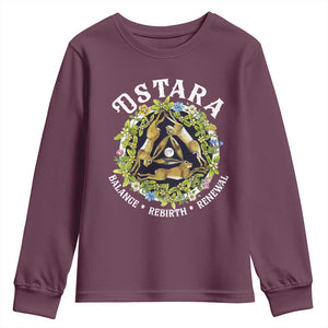 Ostara Balance Rebirth Renewal Youth Sweatshirt Ostara Pagan Eostre Easter Day Three Hares TS11 Maroon Print Your Wear