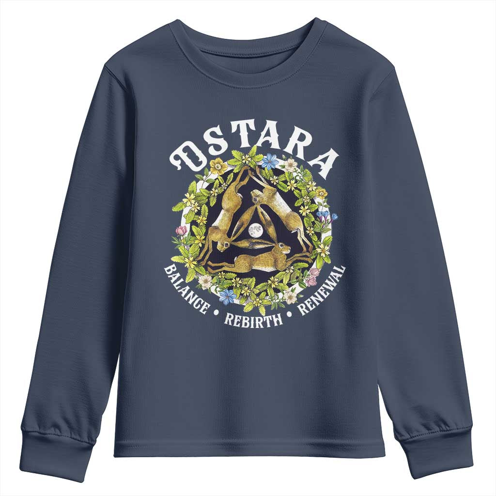 Ostara Balance Rebirth Renewal Youth Sweatshirt Ostara Pagan Eostre Easter Day Three Hares TS11 Navy Print Your Wear