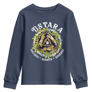 Ostara Balance Rebirth Renewal Youth Sweatshirt Ostara Pagan Eostre Easter Day Three Hares TS11 Navy Print Your Wear