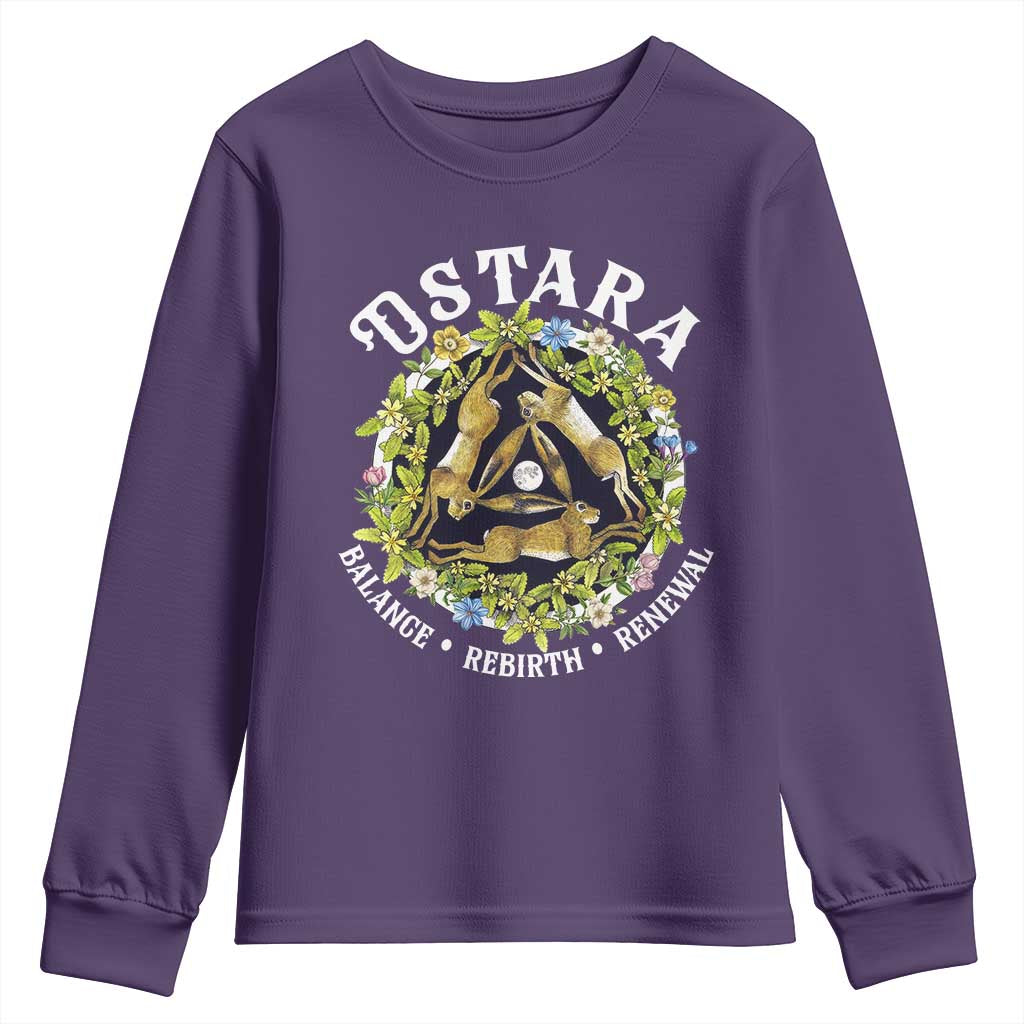 Ostara Balance Rebirth Renewal Youth Sweatshirt Ostara Pagan Eostre Easter Day Three Hares TS11 Purple Print Your Wear