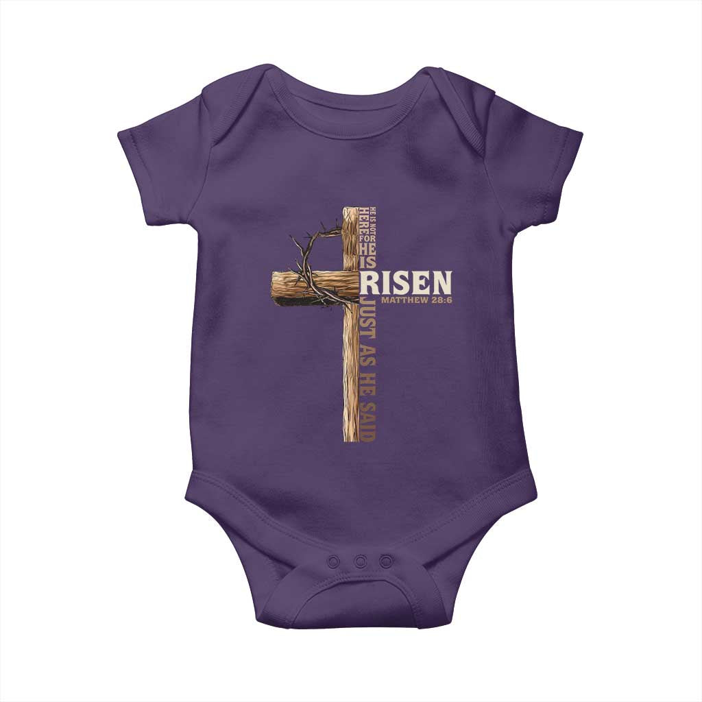 He Is Not Here For He Is Risen Just As He Said Baby Onesie Christian Easter Day Religious Bible Verse Cross TS11 Purple Print Your Wear