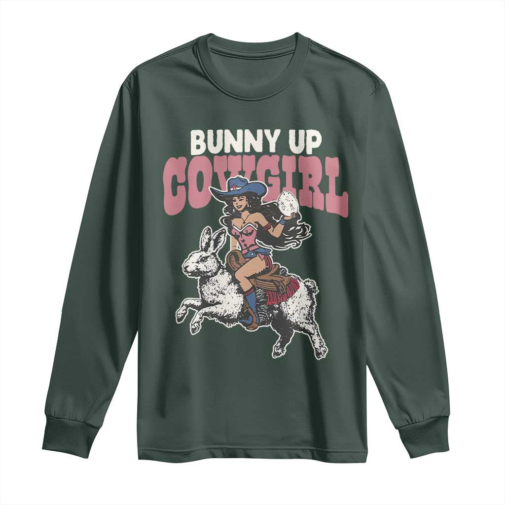 Funny Easter Day Western Long Sleeve Shirt Bunny Up Cowgirl Country Bunny TS11 Dark Forest Green Print Your Wear