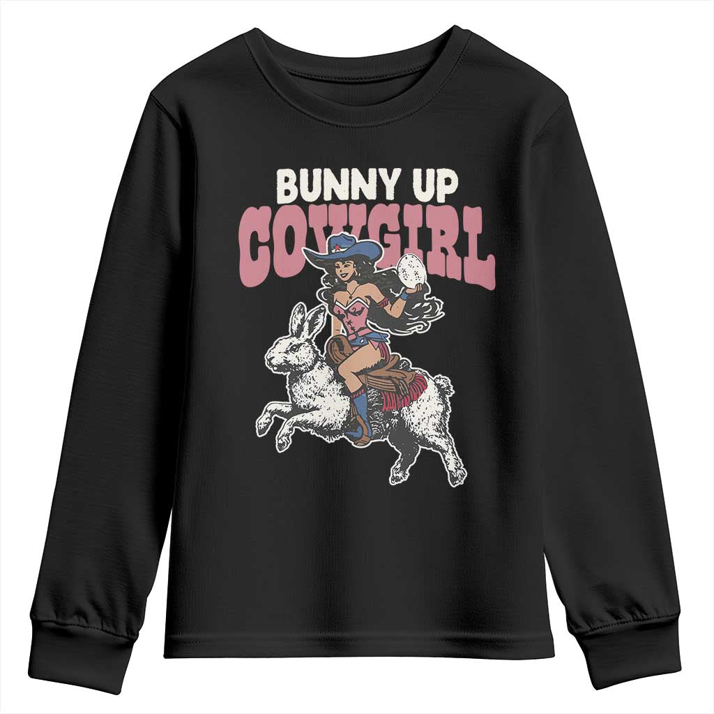 Funny Easter Day Western Youth Sweatshirt Bunny Up Cowgirl Country Bunny TS11 Black Print Your Wear