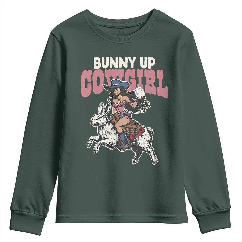 Funny Easter Day Western Youth Sweatshirt Bunny Up Cowgirl Country Bunny TS11 Dark Forest Green Print Your Wear