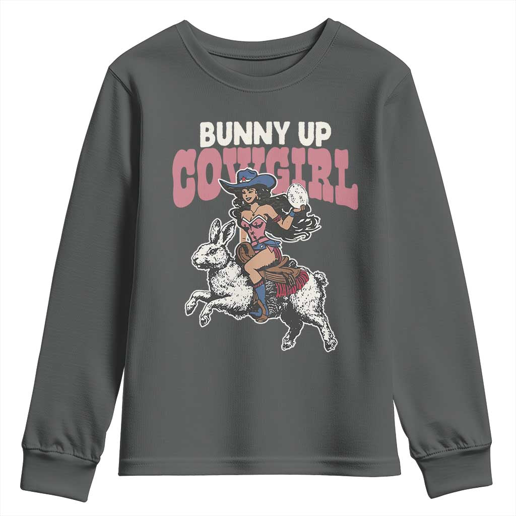 Funny Easter Day Western Youth Sweatshirt Bunny Up Cowgirl Country Bunny TS11 Dark Heather Print Your Wear