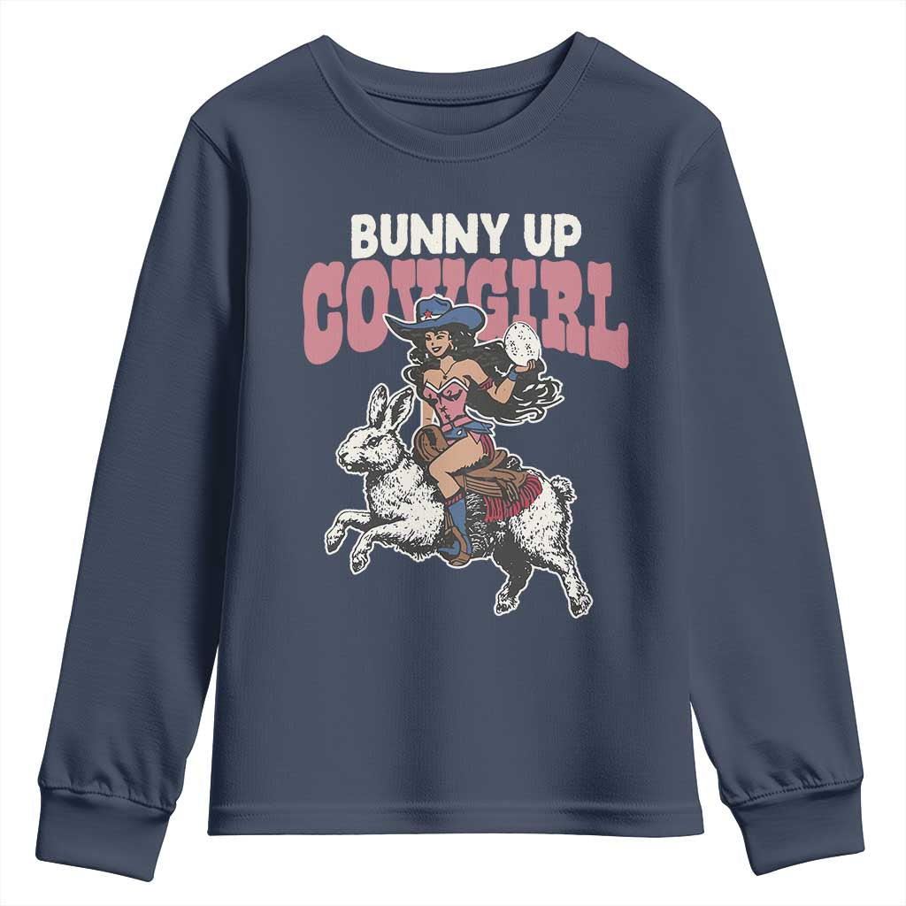 Funny Easter Day Western Youth Sweatshirt Bunny Up Cowgirl Country Bunny TS11 Navy Print Your Wear