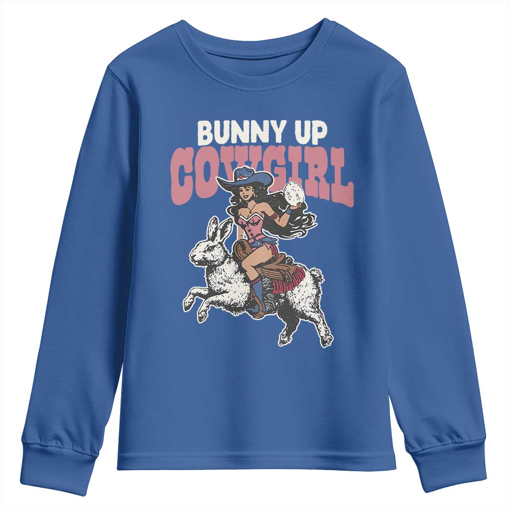 Funny Easter Day Western Youth Sweatshirt Bunny Up Cowgirl Country Bunny TS11 Royal Blue Print Your Wear
