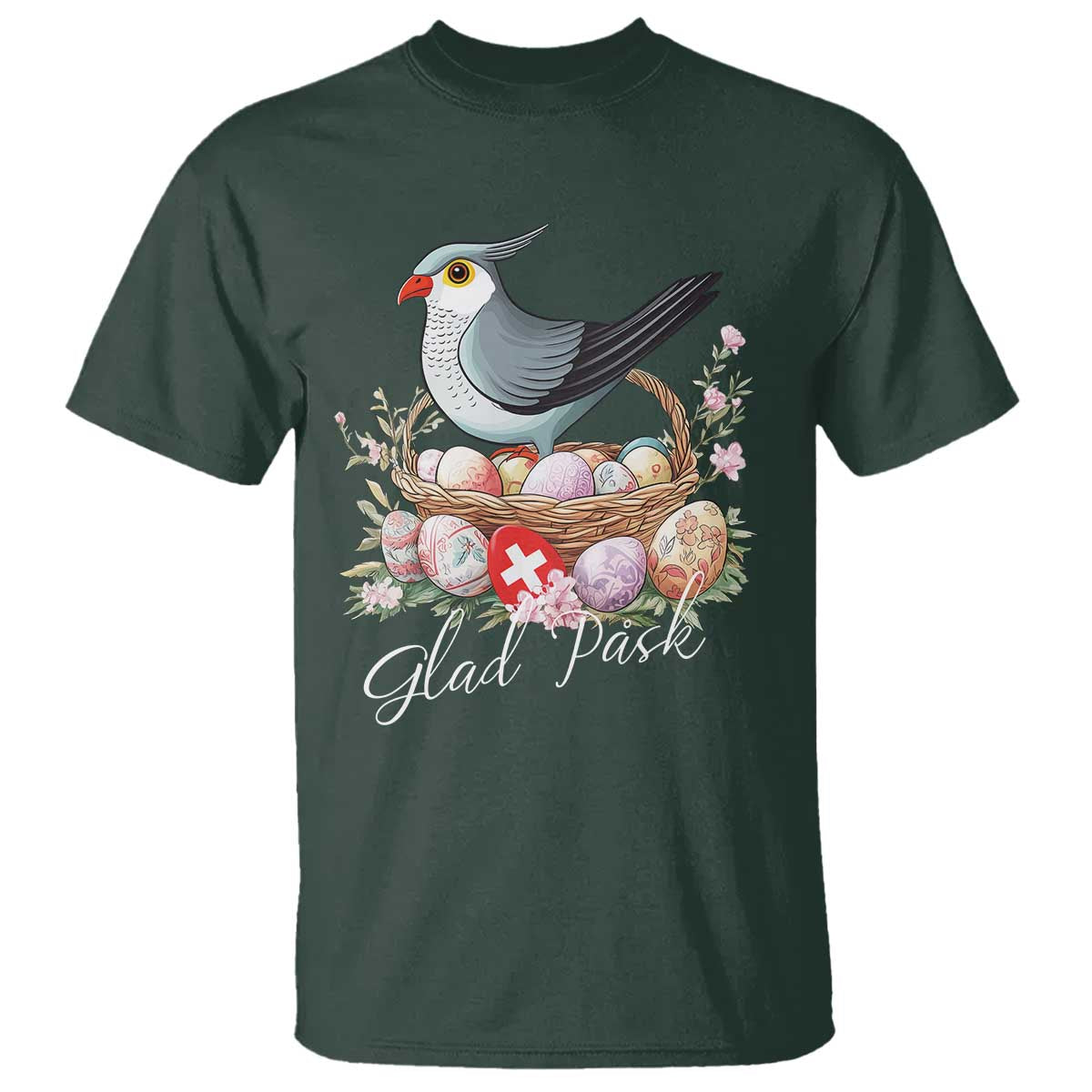 Funny Swedish Easter Day T Shirt Glad Pask Easter Eggs Cuckoo Bird TS11 Dark Forest Green Print Your Wear