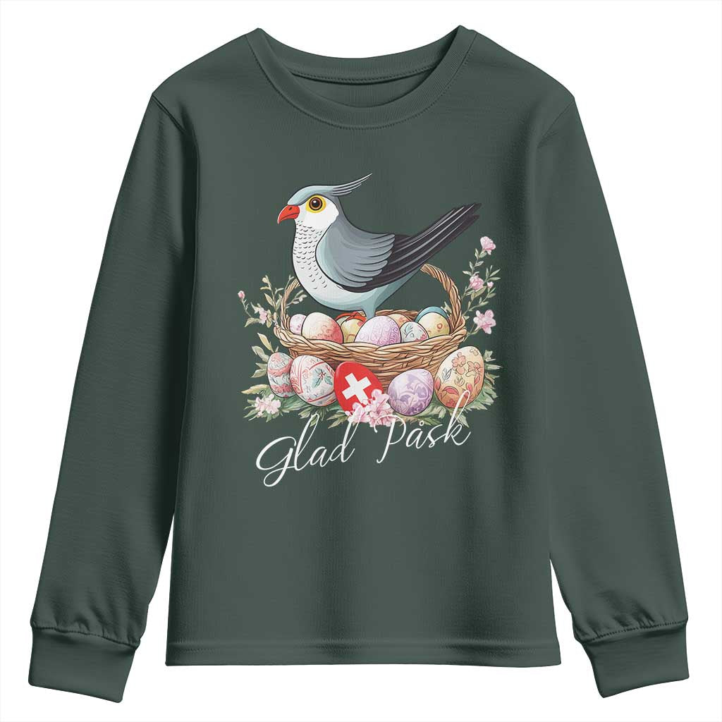 Funny Swedish Easter Day Youth Sweatshirt Glad Pask Easter Eggs Cuckoo Bird TS11 Dark Forest Green Print Your Wear