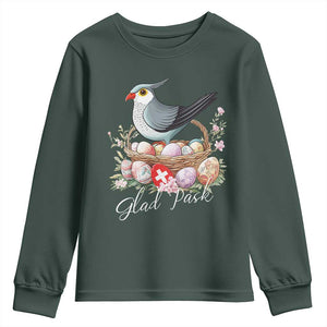Funny Swedish Easter Day Youth Sweatshirt Glad Pask Easter Eggs Cuckoo Bird TS11 Dark Forest Green Print Your Wear