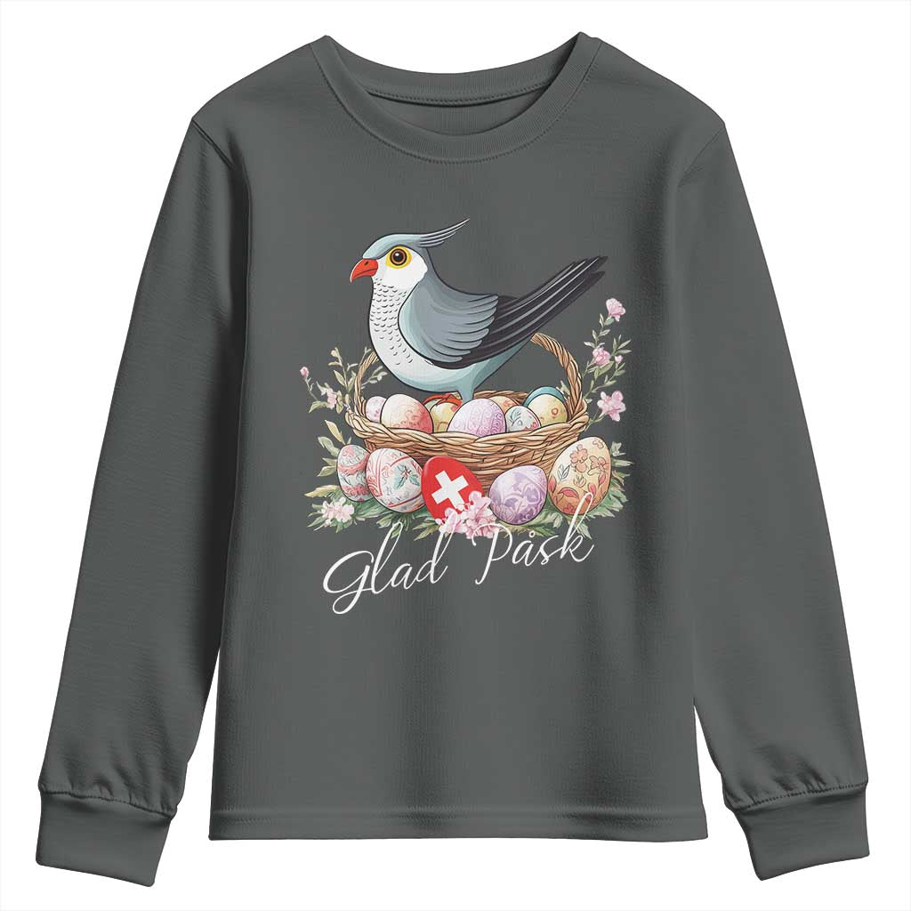 Funny Swedish Easter Day Youth Sweatshirt Glad Pask Easter Eggs Cuckoo Bird TS11 Dark Heather Print Your Wear