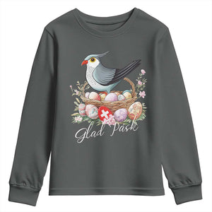 Funny Swedish Easter Day Youth Sweatshirt Glad Pask Easter Eggs Cuckoo Bird TS11 Dark Heather Print Your Wear