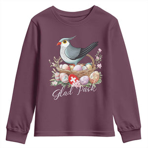 Funny Swedish Easter Day Youth Sweatshirt Glad Pask Easter Eggs Cuckoo Bird TS11 Maroon Print Your Wear