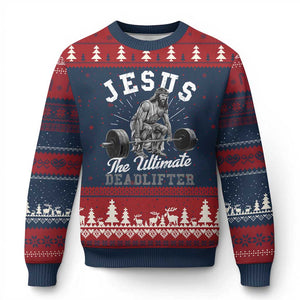 Funny Jesus The Ultimate Deadlifter Ugly Christmas Sweater Christian Workout Gym TS11 Navy Red Print Your Wear