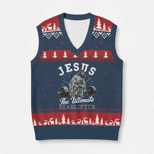 Funny Jesus The Ultimate Deadlifter V-Neck Knit Sweater Vest Christian Workout Gym TS11 Navy Red Print Your Wear