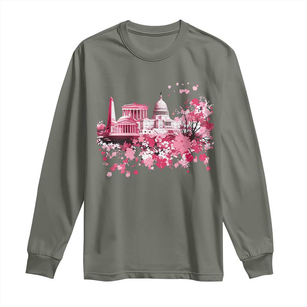 Washington DC Cherry Blossoms Long Sleeve Shirt Capitol Building Monuments Memorials Sakura TS11 Military Green Print Your Wear