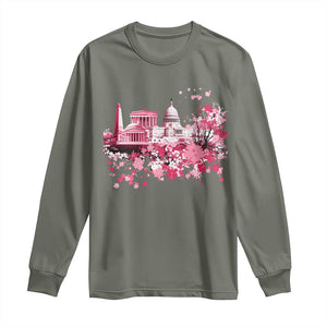 Washington DC Cherry Blossoms Long Sleeve Shirt Capitol Building Monuments Memorials Sakura TS11 Military Green Print Your Wear